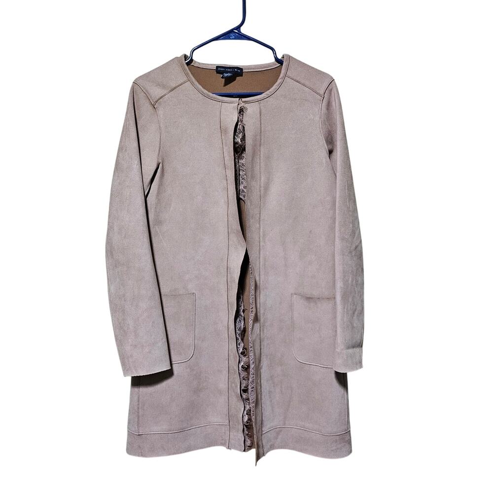 Joan Vass Faux Leather Jacket Women's Size S Long Open Cardigan Western Lace Tan